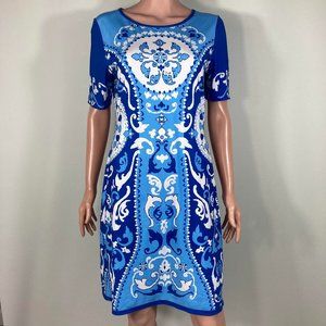 Emilio Pucci Luxury Short Sleeve Blue Baroque Stretch Jersey Silk Dress EU 40